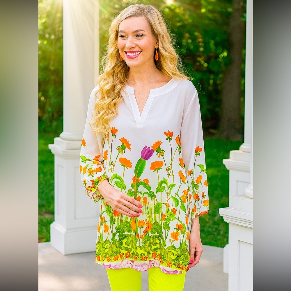 🌸 Cato Women’s Floral Tunic Top Blouse | White Orange Green | Size L NWT